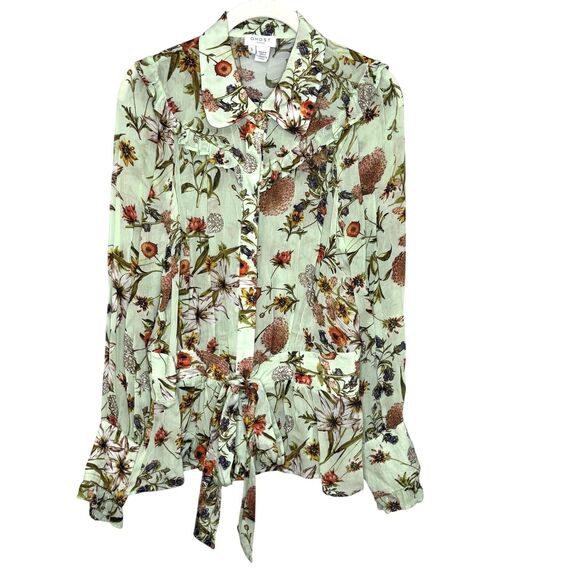 Ghost London Shirt Womens Small Green Floral Tie Waist Ruffle Sheer Blouse Top - Picture 1 of 9
